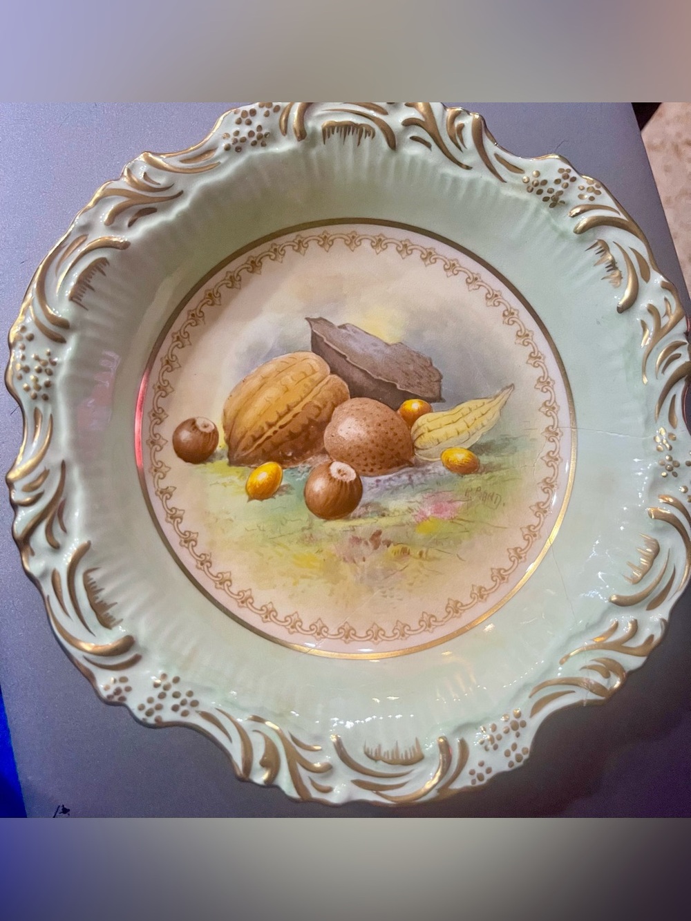Decorative Pale Green Ceramic Plate with Hand-Painted Fruit Motif